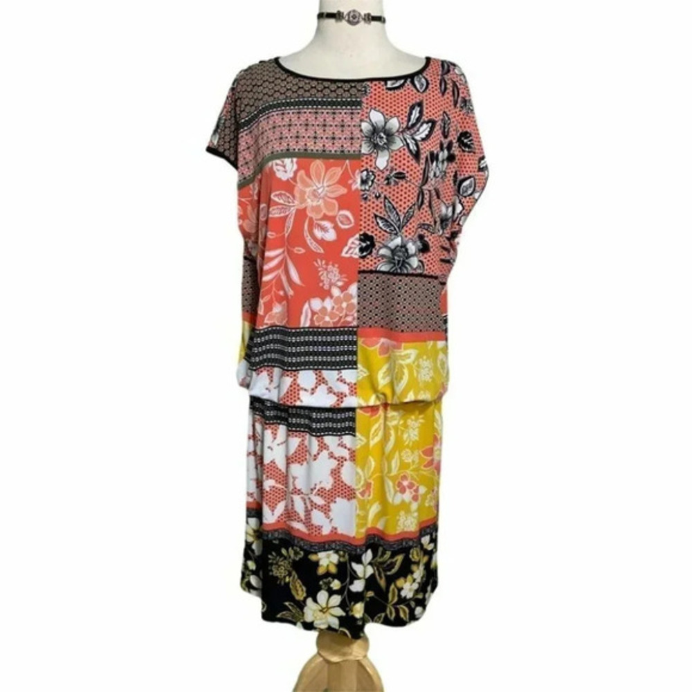 Style & Co L Spanish gardens patchwork pattern short sleeve dress